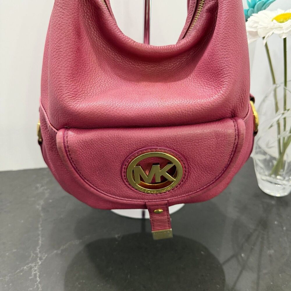 Michael Kors Pink Fuchsia Pebbled Leather Hobo Shoulder Bag Gold MK